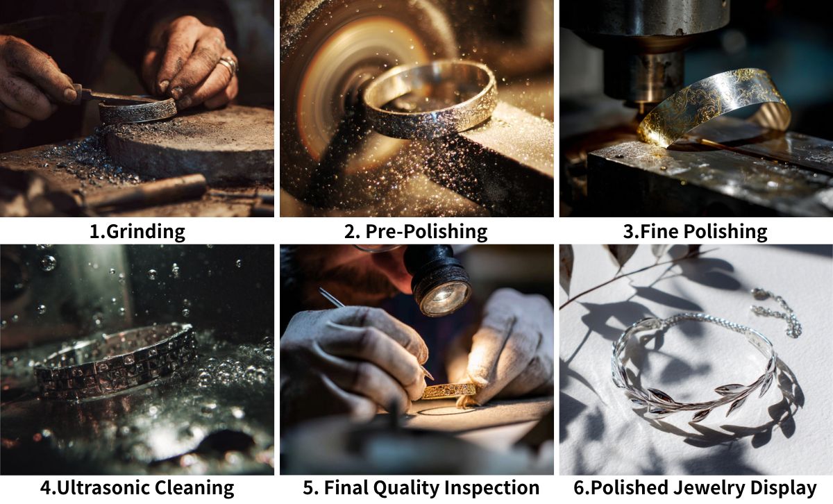 Six-step stainless steel jewelry polishing process including grinding, pre-polishing, fine polishing, cleaning, inspection, and final display.