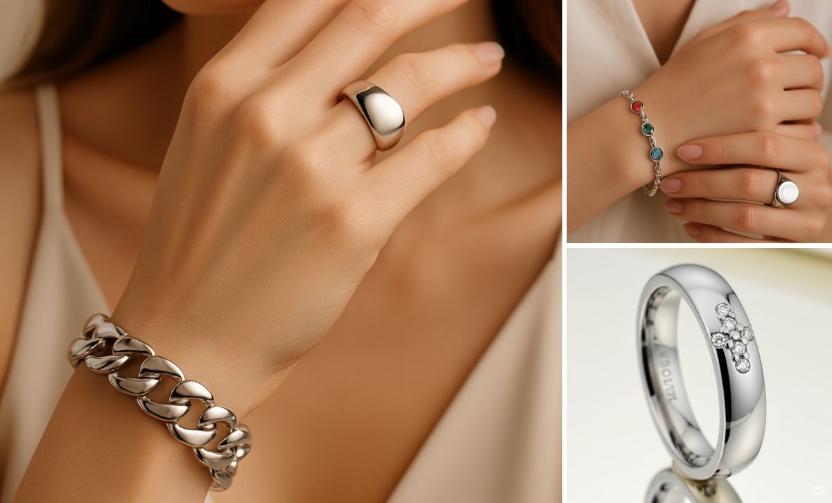 Fashion model showcasing polished stainless steel ring, chain bracelet, and gem bracelet in elegant styling.