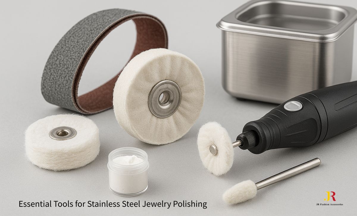Essential polishing tools for stainless steel jewelry including buffing wheels, polishing paste, and ultrasonic cleaner.