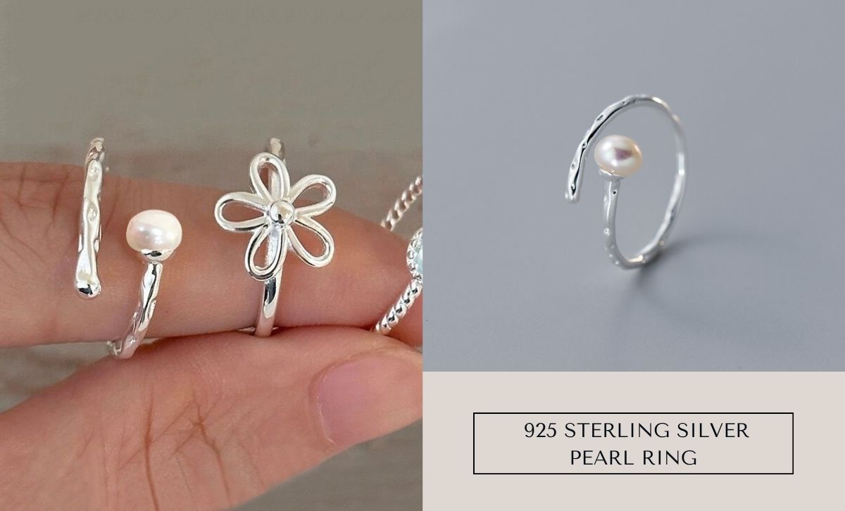 Stackable 925 silver ring set with pearl and flower designs perfect for women’s gifts and jewelry wholesalers