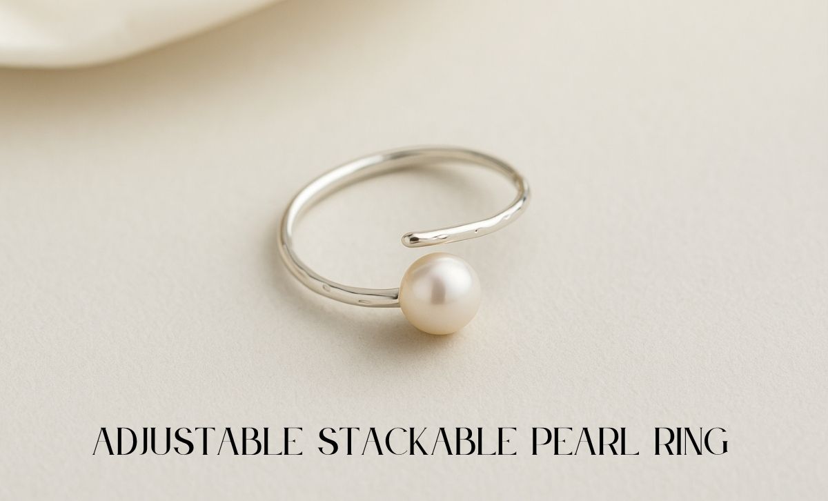 Close-up of adjustable pearl ring made of 925 sterling silver, ideal for wholesale and stackable ring sets