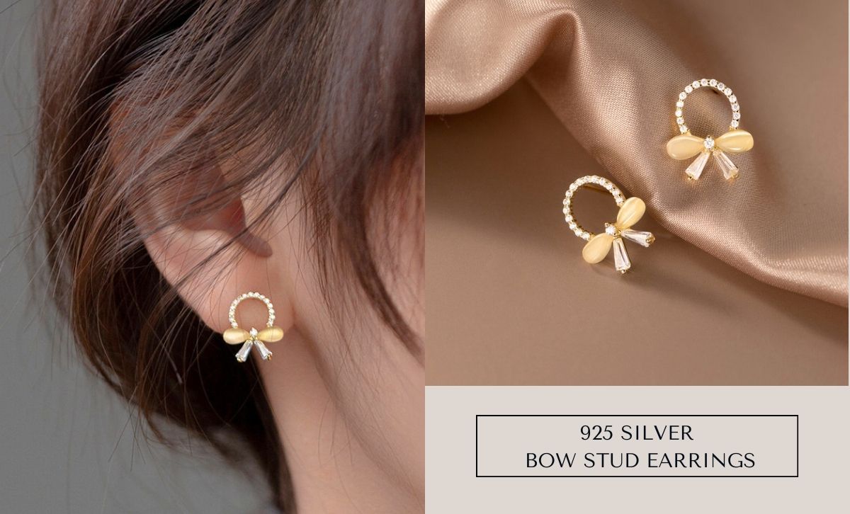 Close-up display of 925 silver bow stud earrings with gold plating and cubic zirconia – bulk jewelry for boutique resale