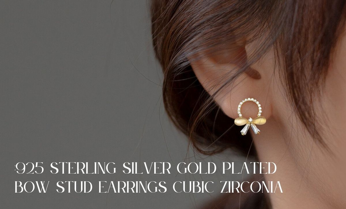 Model wearing 925 sterling silver gold plated bow stud earrings with cubic zirconia – wholesale jewelry gift idea for women