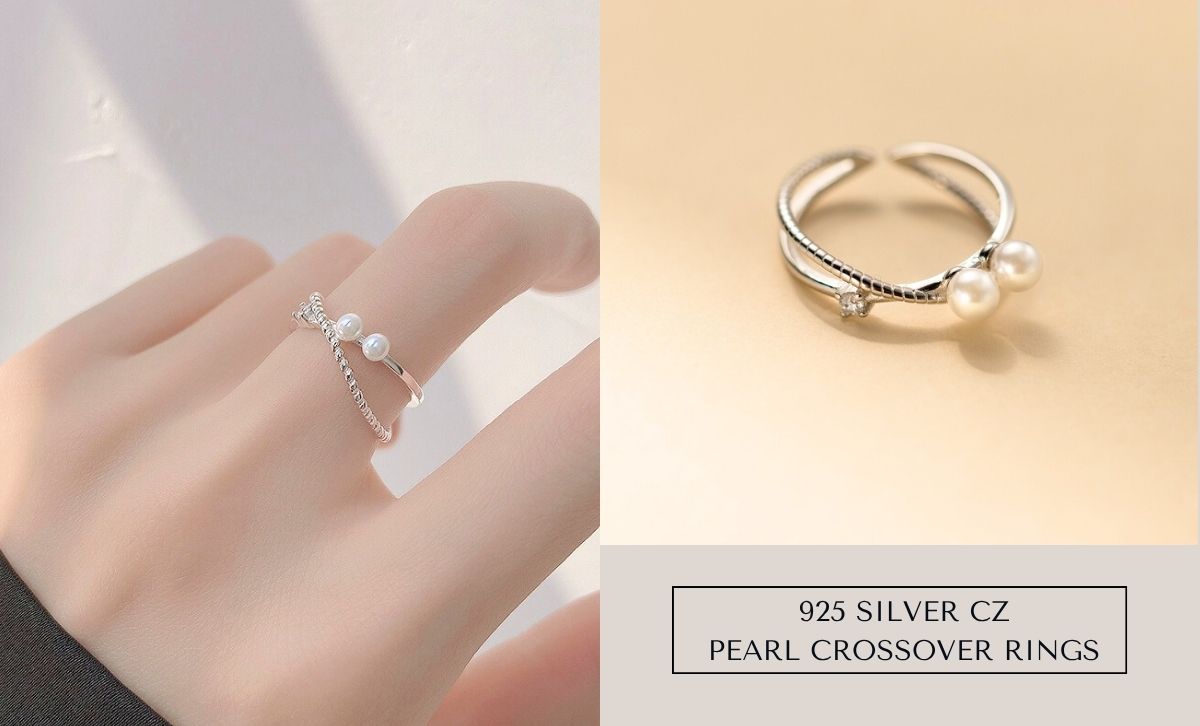 Set of two pearl crossover adjustable rings in sterling silver – silver rings for women 925 from wholesale manufacturer