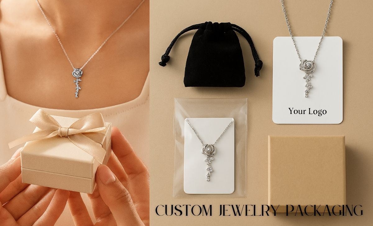 925 sterling silver rose pendant necklace paired with pearl crossover CZ ring – perfect for bulk jewelry gift.