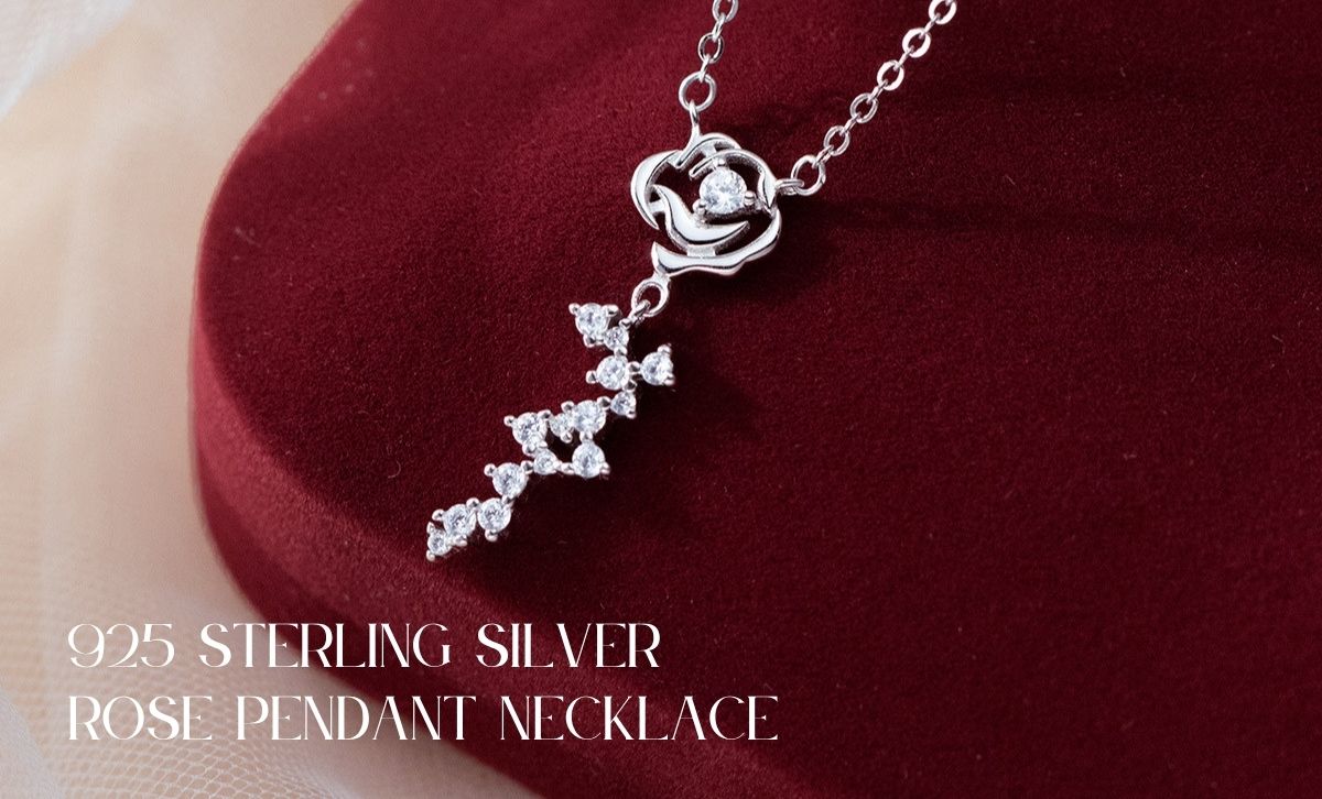 Woman wearing 925 sterling silver rose pendant necklace with CZ stones – ideal for bulk gift wholesale jewelry