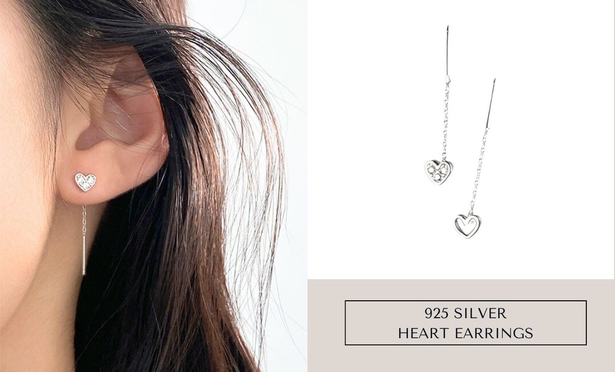 Sterling silver CZ heart ear threaders for women, minimalist mismatched earrings for IG shops and online jewelry brands