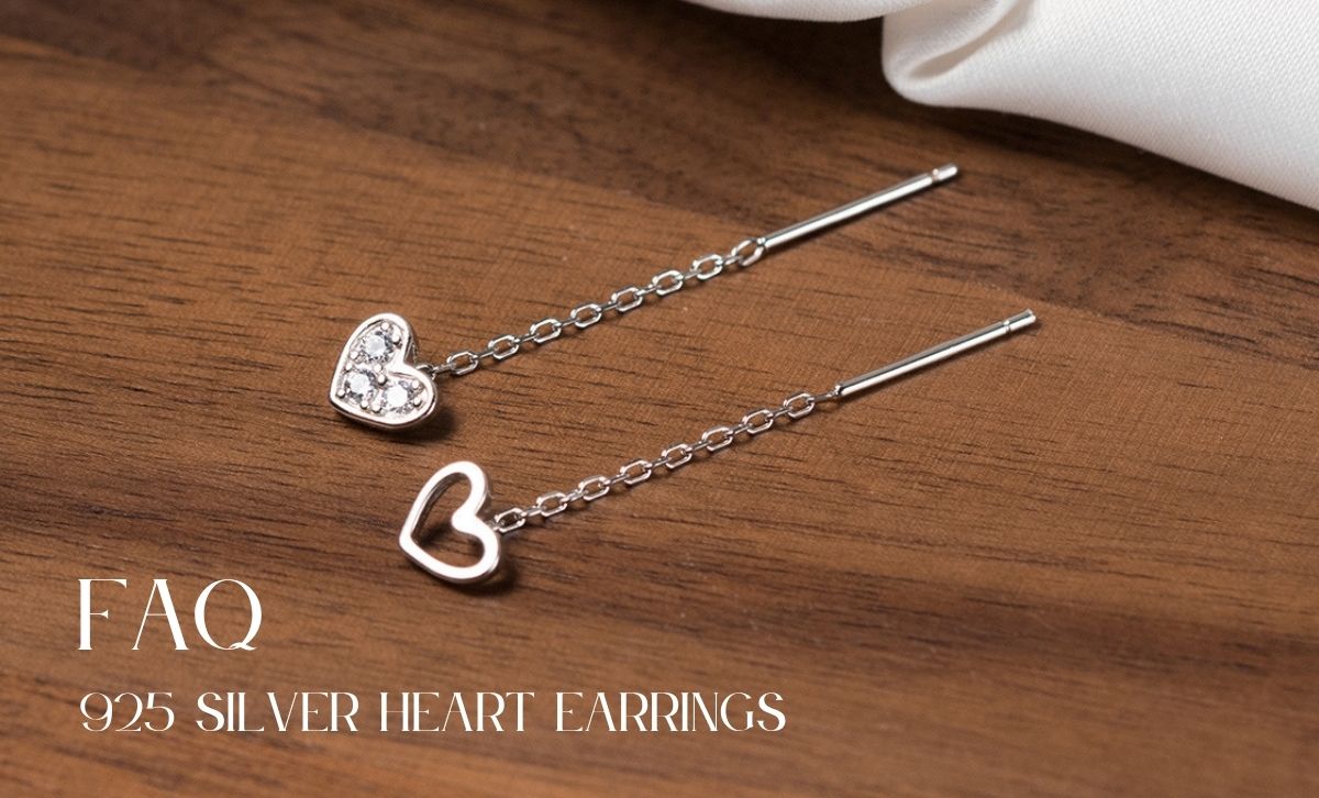 925 silver heart earrings worn, showcasing chain threader style for trendy boutiques and online jewelry gift shops