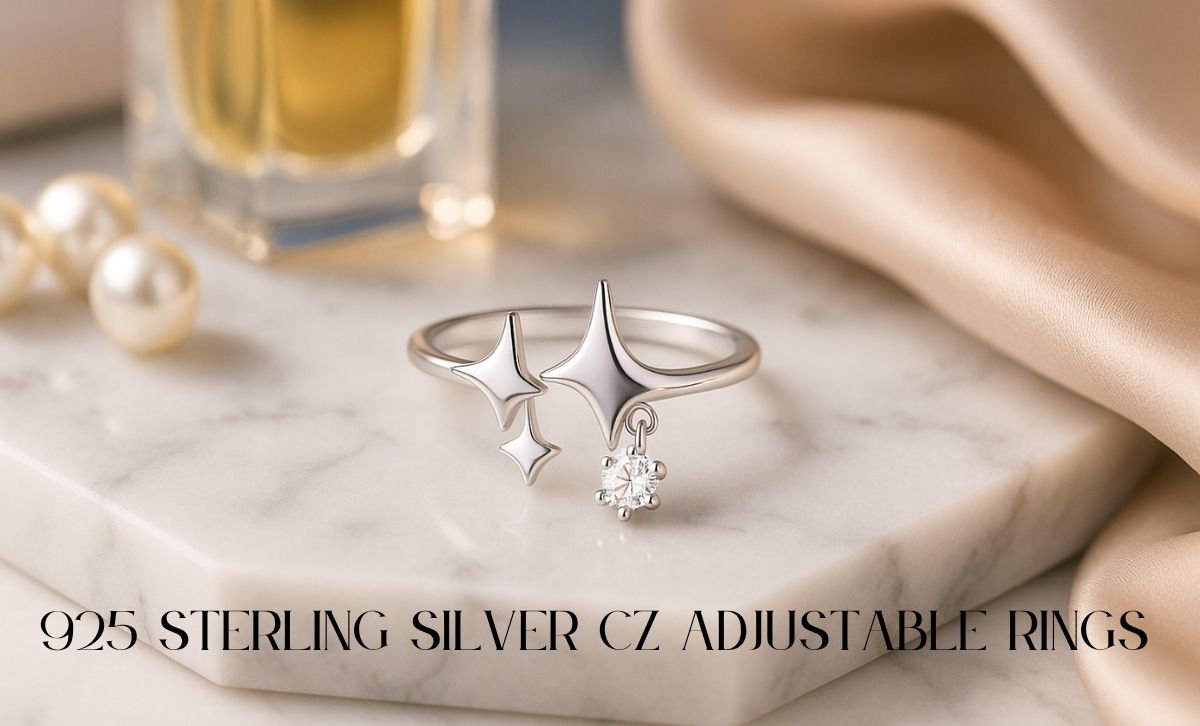 Close-up of a 925 sterling silver CZ adjustable ring set displayed on marble background for wholesale and gift packaging