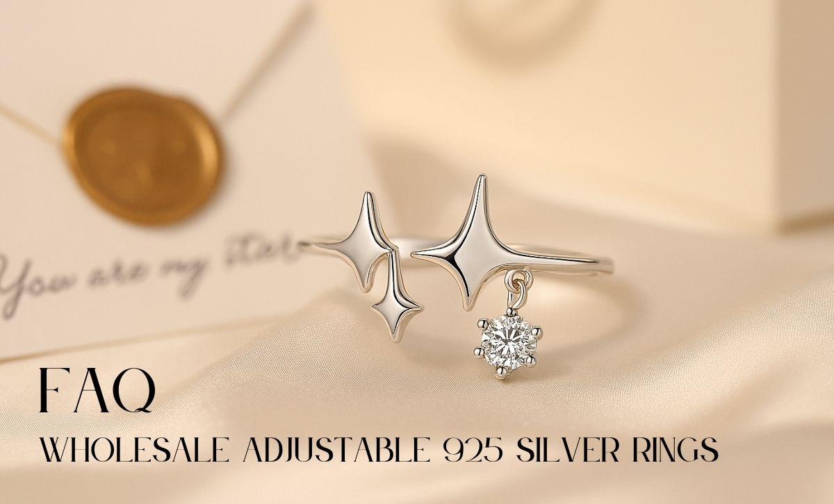 925 sterling silver CZ adjustable rings displayed on silk background for wholesale jewelry suppliers and manufacturers