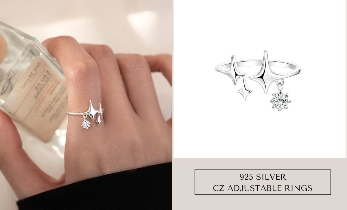 Woman wearing a 925 silver CZ adjustable ring perfect for boutique jewelry wholesale and silver ring suppliers
