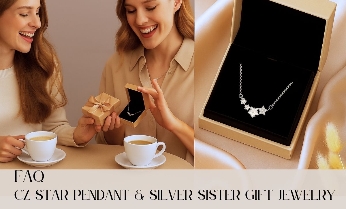 Model wearing 925 silver star pendant necklace with CZ stones, ideal silver gift for her or sister birthday.