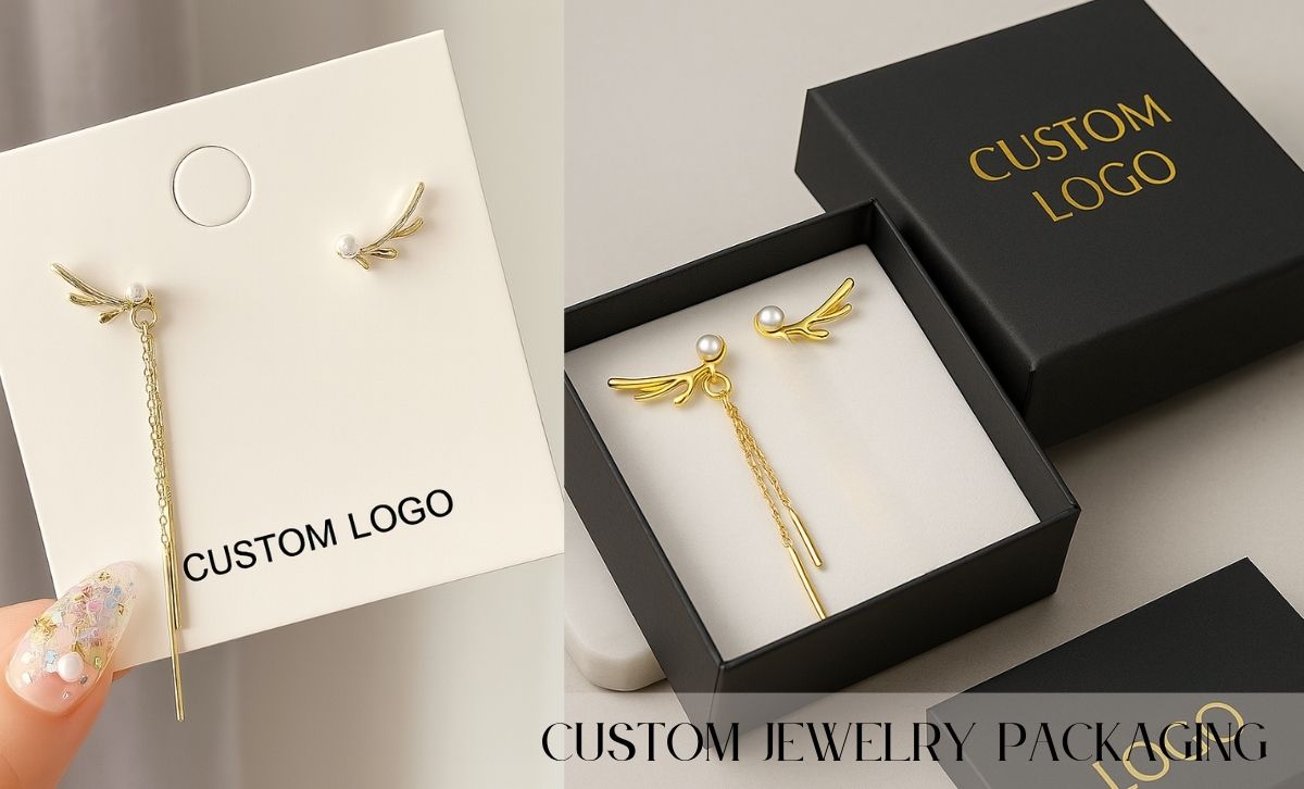 Custom jewelry packaging for gold antler earrings with pearl tassel, available in bulk wholesale