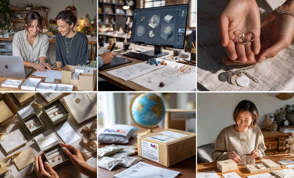 White label jewelry manufacturing process with branded jewelry packaging and FedEx shipping worldwide.