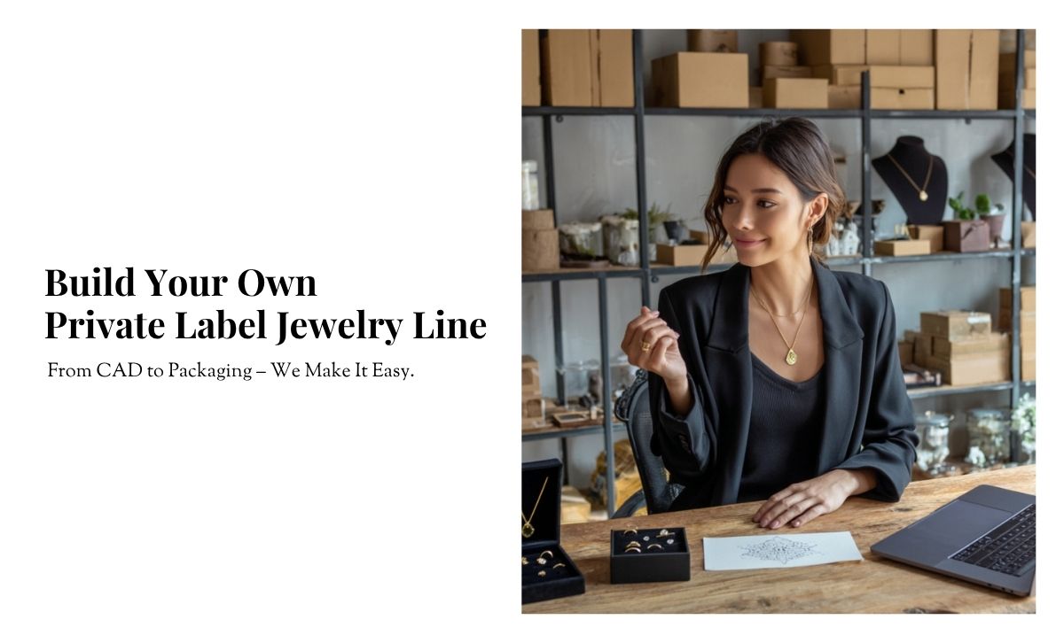 Asian female jewelry designer working on custom jewelry design at her desk — showcasing private label jewelry design service with low MOQ.