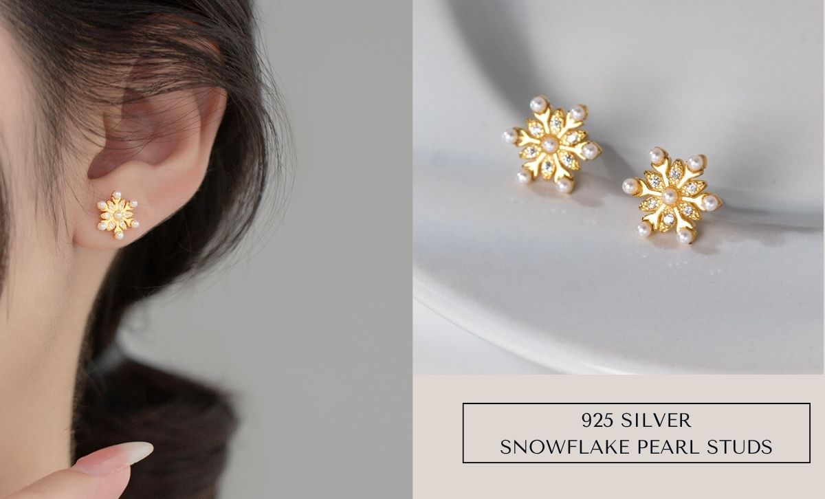 Woman wearing 925 sterling silver gold snowflake pearl stud earrings, perfect for minimalist earrings style and hypoallergenic ear piercing studs.