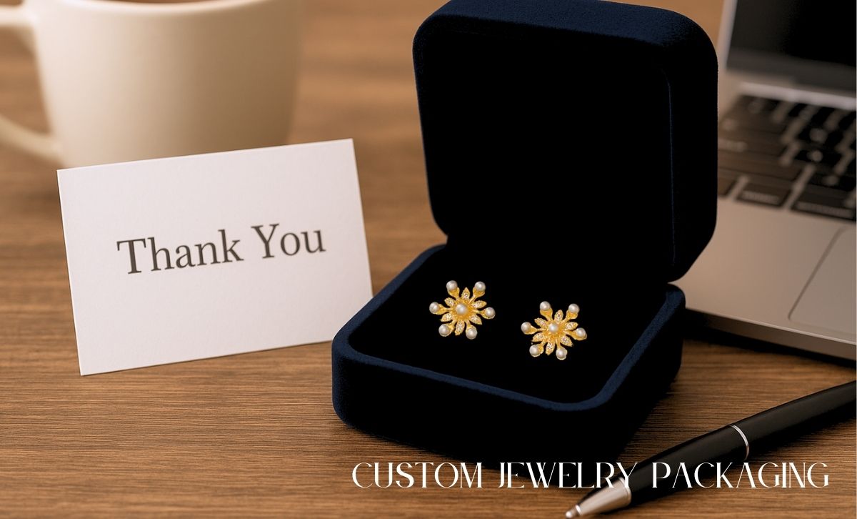 Gold snowflake pearl earrings in a velvet jewelry box with thank you card, ideal for holiday jewelry packaging and 925 sterling silver earrings wholesale.