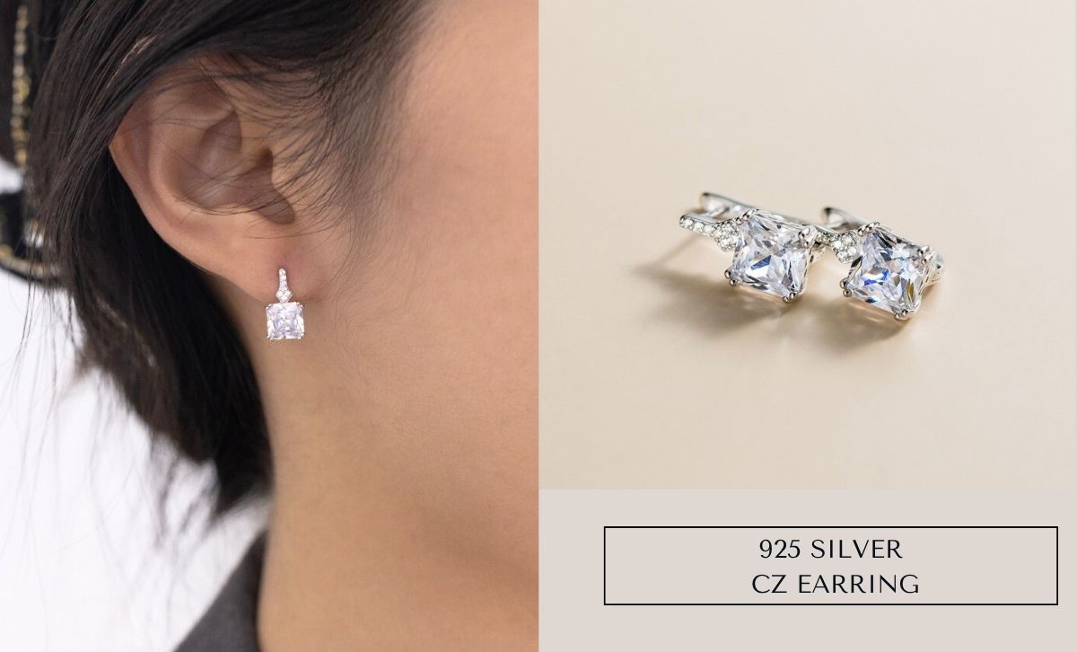 Hypoallergenic sterling silver CZ earrings model photo – 925 earrings for women gift market wholesale