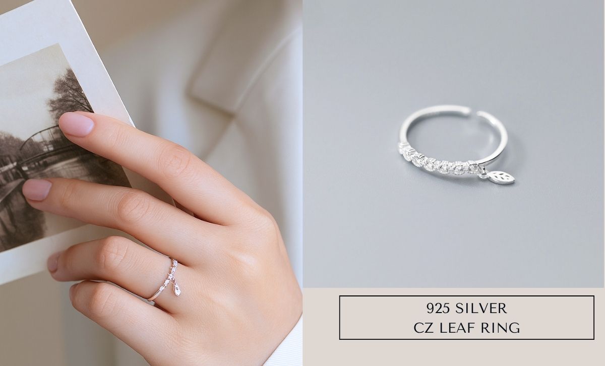 Woman wearing minimalist 925 silver cubic zirconia leaf ring – bulk factory jewelry ring for women