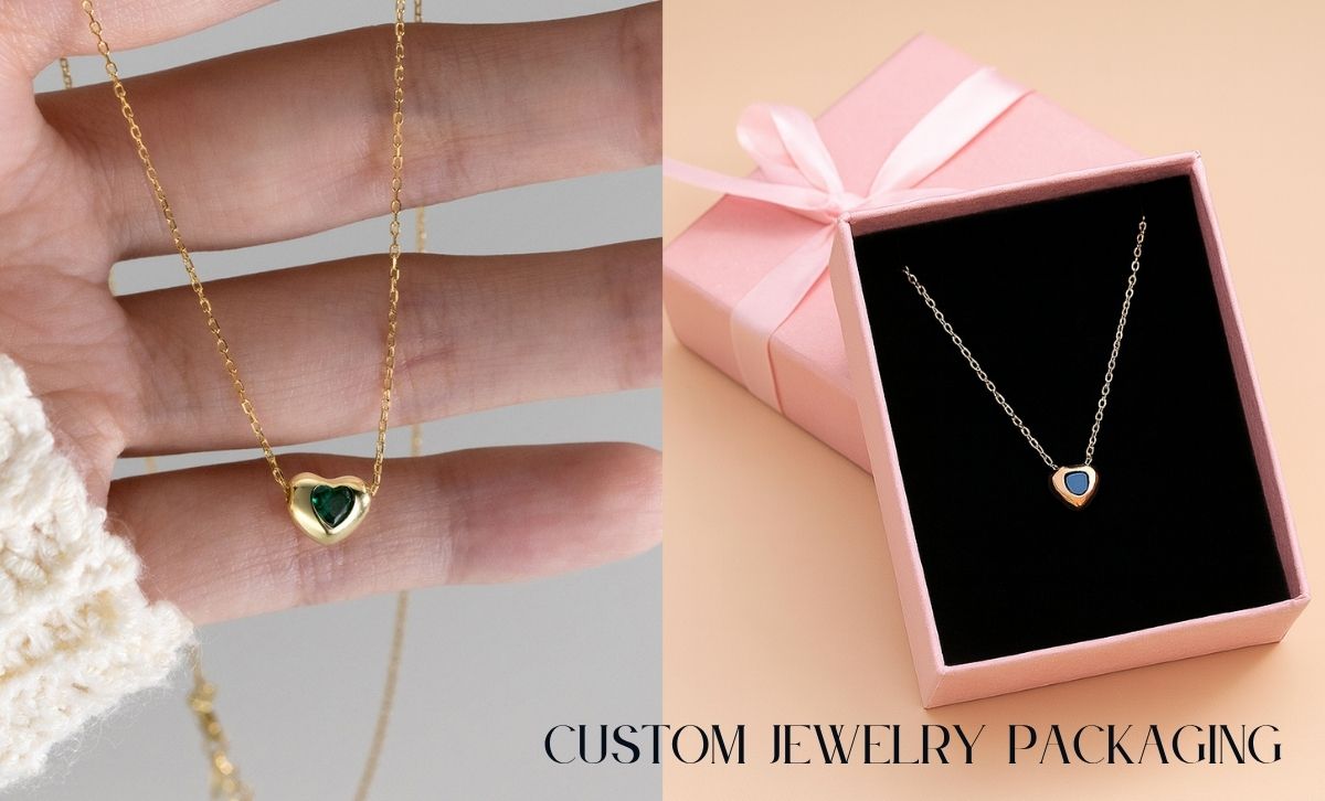 925 silver heart necklace displayed in a pink gift box, showcasing custom jewelry packaging for wholesale and gifting businesses.