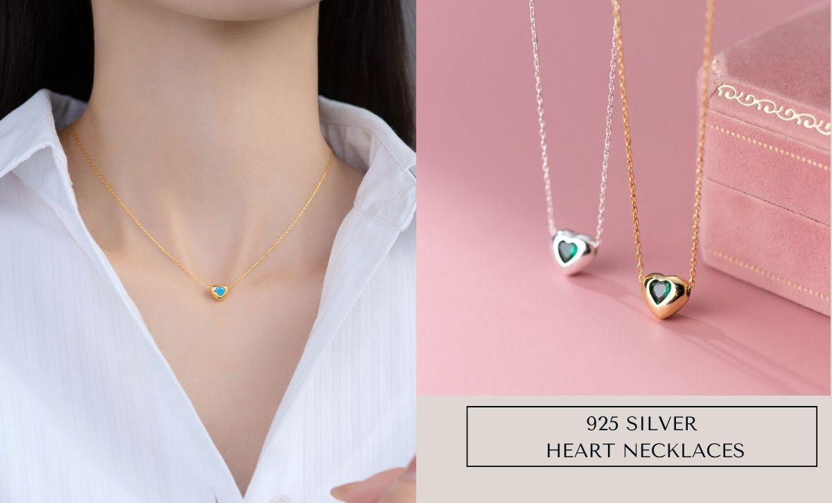 Model wearing a gold-plated 925 silver heart necklace, ideal for gift shops and salon wholesale jewelry displays.