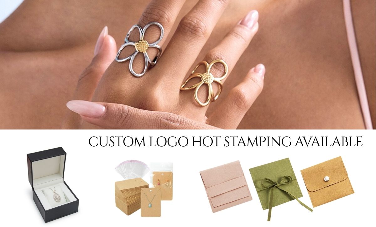 Gold and silver daisy rings with velvet pouch, gift box, and custom jewelry card packaging for wholesale orders