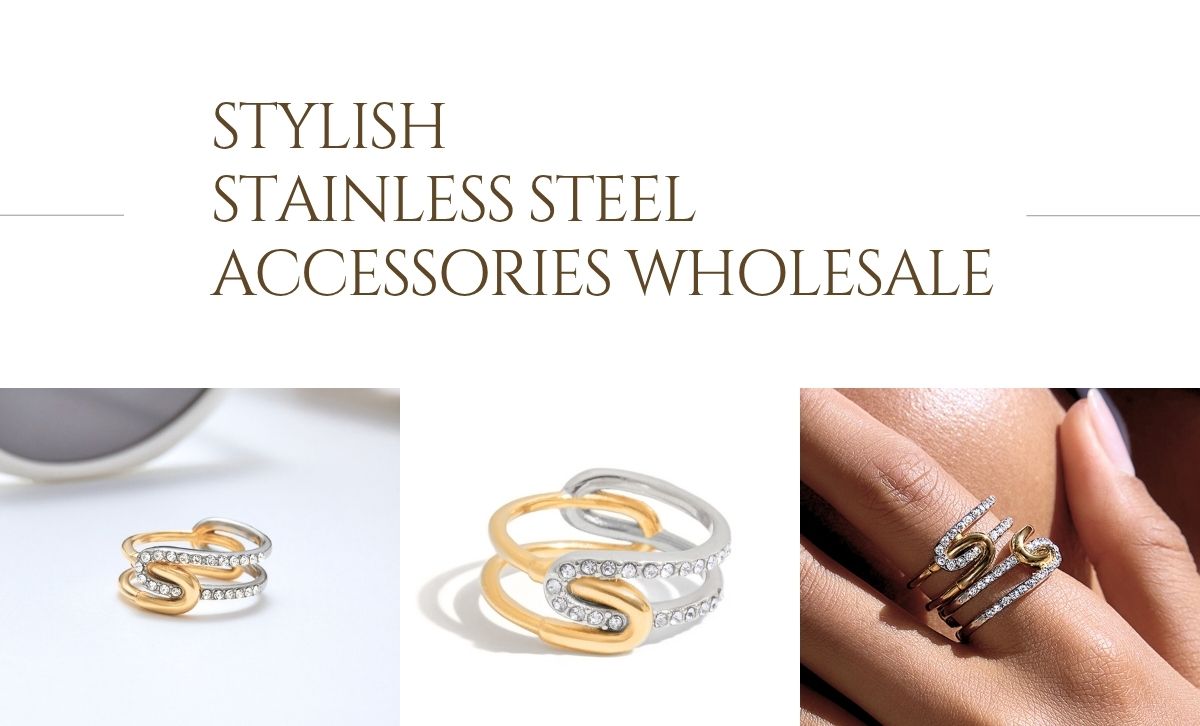 Two tone adjustable stainless steel ring with zircon stones in gold and silver finish for wholesale