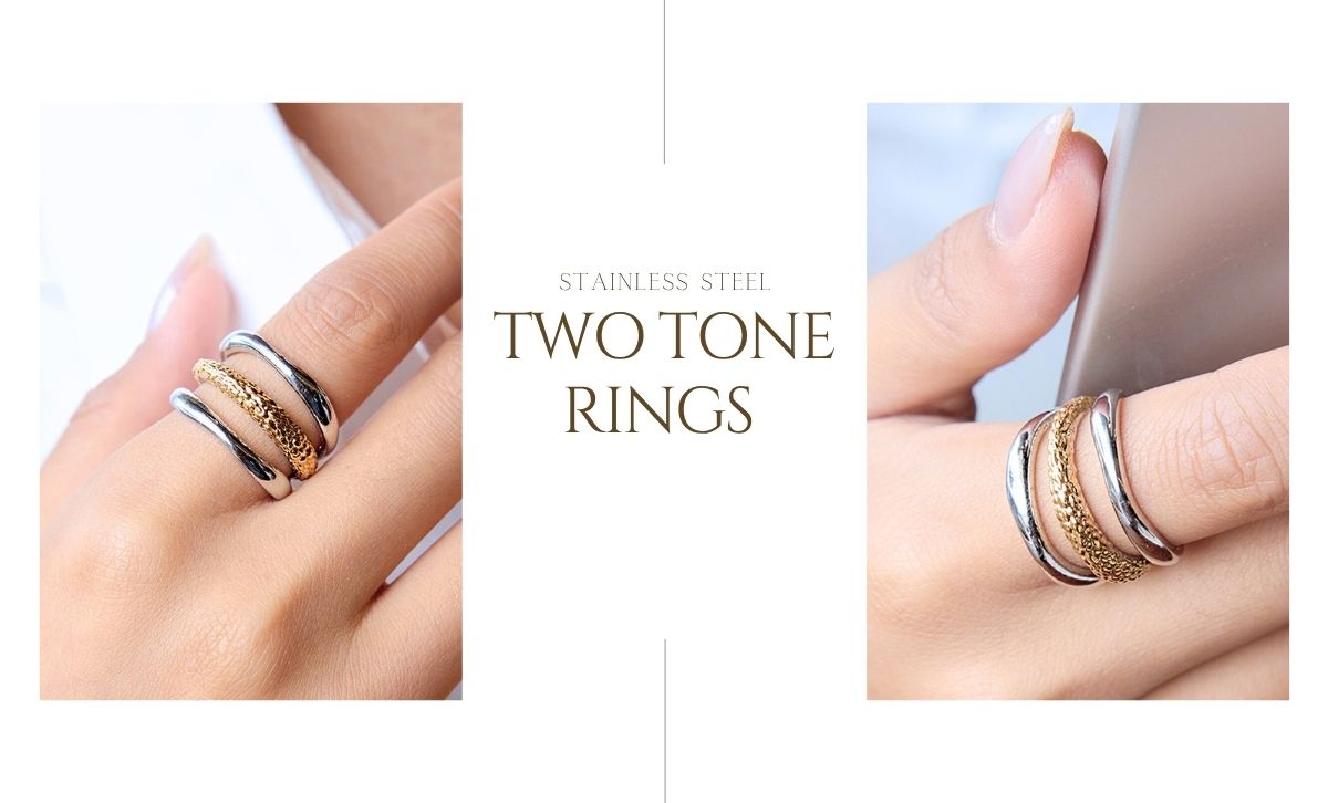 Two tone women’s gold PVD stainless steel rings for women wholesale, ideal for fashion rings suppliers and beauty salon accessories wholesale.