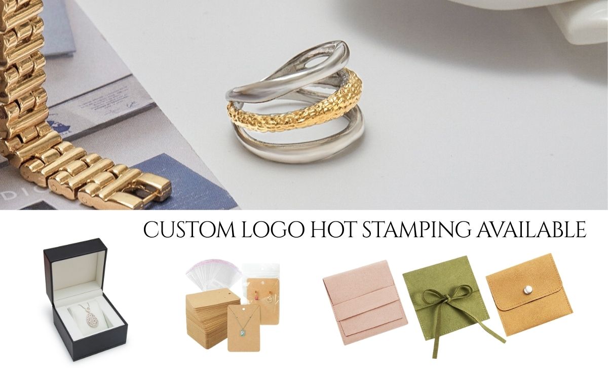 Minimalist two tone gold PVD stainless steel ring in gift packaging for wholesale stainless steel jewelry suppliers and small business jewelry packaging.