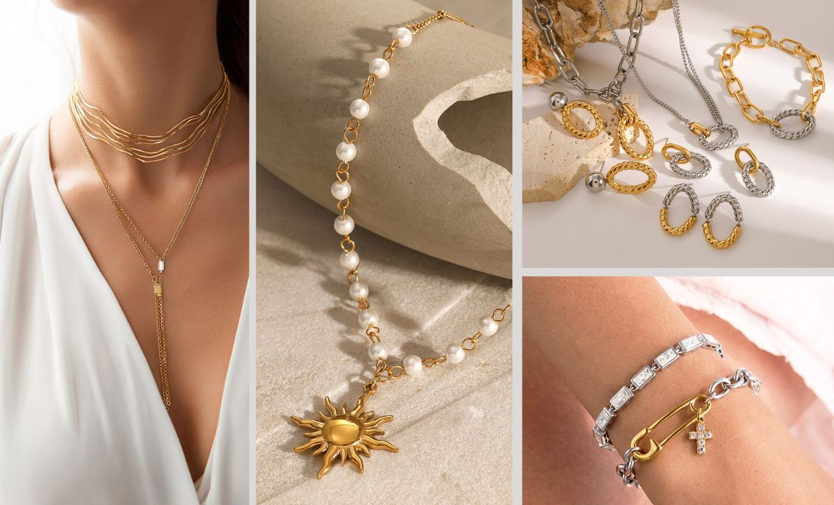Gold stainless steel necklace ring and bracelet lifestyle jewelry photo