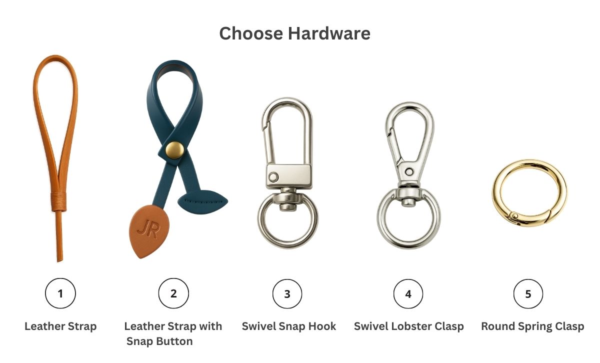 Choose hardware for custom leather bag charms and personalized keychains by JR Fashion Accessories, including leather strap, snap button strap, swivel snap hook, swivel lobster clasp, and round spring clasp options.