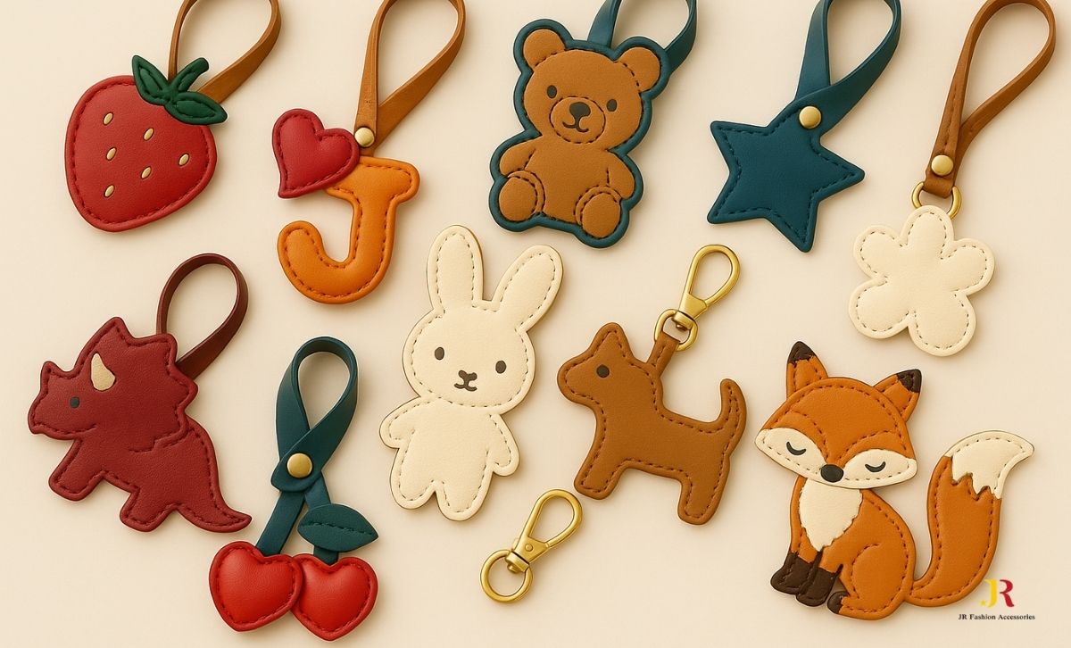 Various custom leather bag charm styles by JR Fashion Accessories, featuring animal shapes, hearts, stars, flowers, and personalized designs for branded keychains and bag accessories.