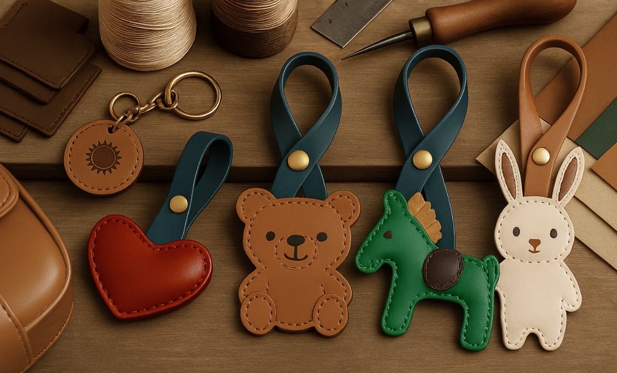 Custom leather bag charms in heart, bear, horse, and rabbit shapes, handcrafted by JR Fashion Accessories with over 20 years of expertise, offering personalized logo options and worldwide shipping