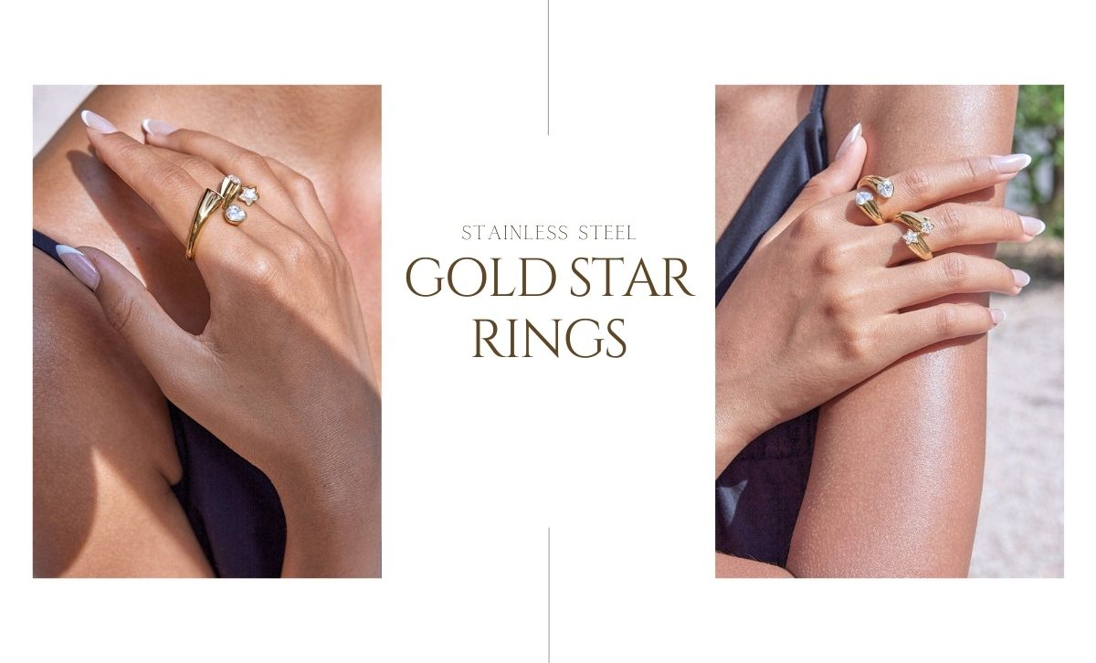 Adjustable gold star ring displayed on stone surface – wholesale stainless steel ring perfect for minimalist jewelry collections and beauty salon upsells.
