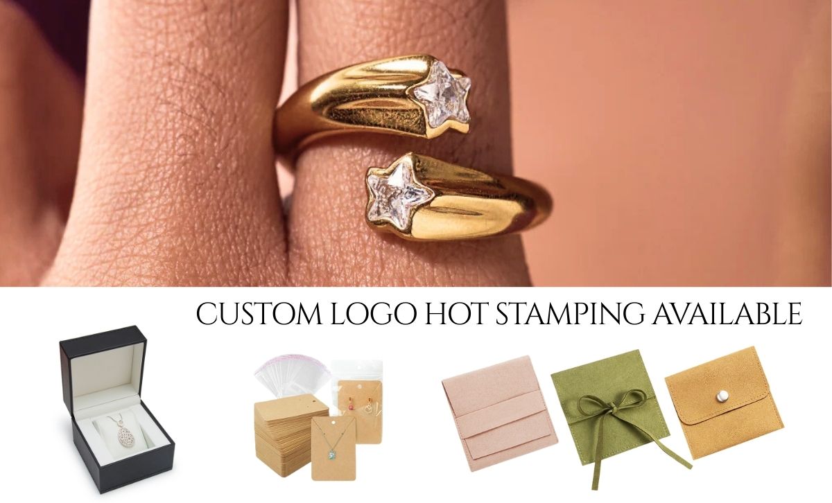 Model wearing wholesale adjustable rings with gold star and zircon details – stylish wholesale stainless steel accessories for women’s gift or retail display.