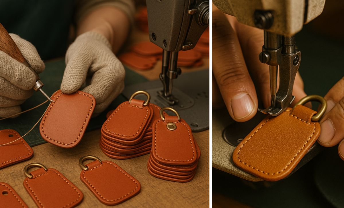 Factory making custom leather bag charms with hand-stitching and sewing machines for OEM wholesale
