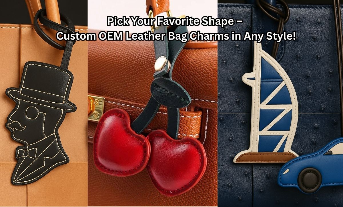 Custom leather bag charms attached to handbags – including cherry, Burj Al Arab, and gentleman silhouette designs – showcasing OEM styles by JR Fashion Accessories