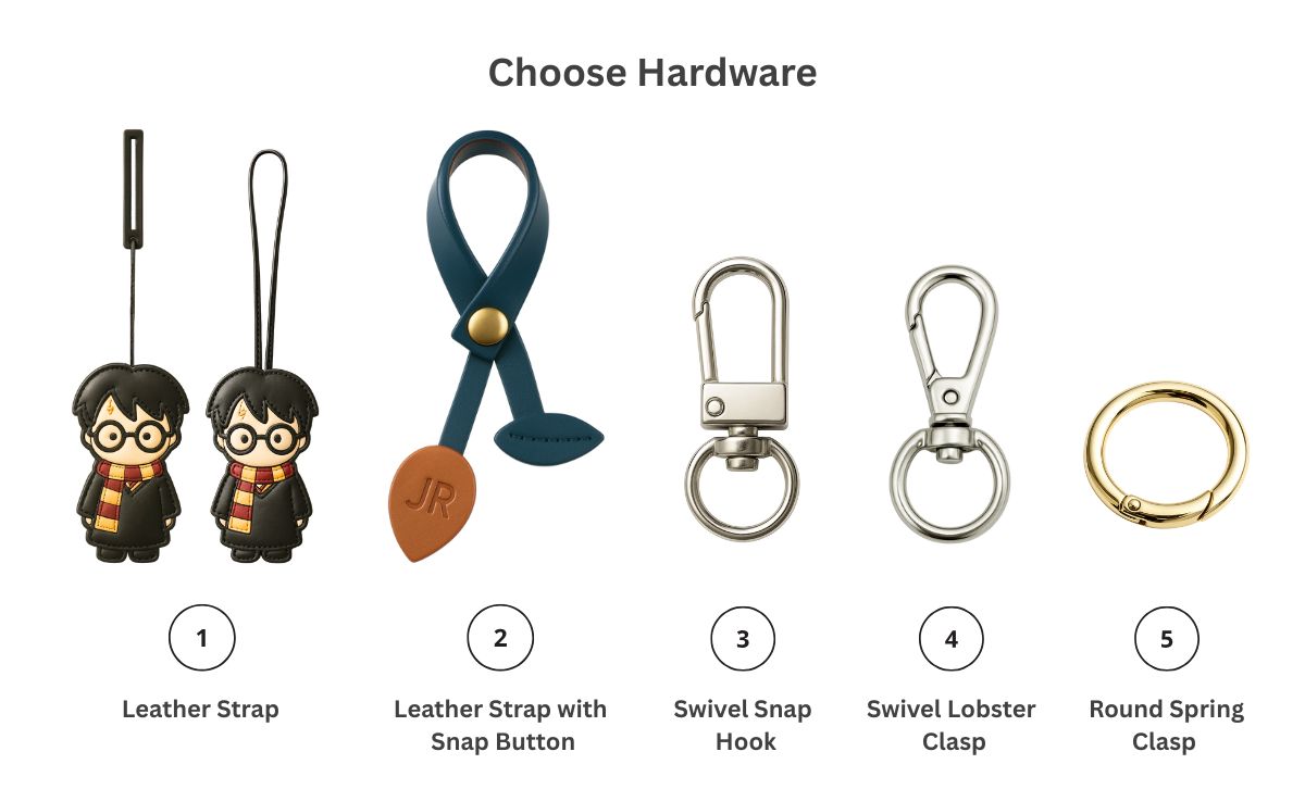 Hardware options for custom leather bag charms including leather strap, snap button strap, swivel snap hook, swivel lobster clasp, and round spring clasp – OEM styles by JR Fashion Accessories