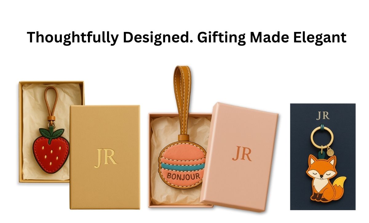 A banner image showcasing three JR leather keychains in premium gift box packaging, including a strawberry tag, macaron tag with 