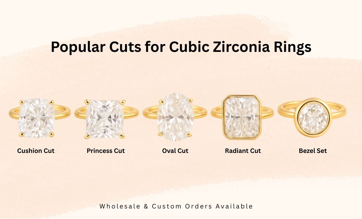 Popular cuts of Taylor Swift Inspired Rings in cubic zirconia including cushion cut, princess cut, oval cut, radiant cut, and bezel set