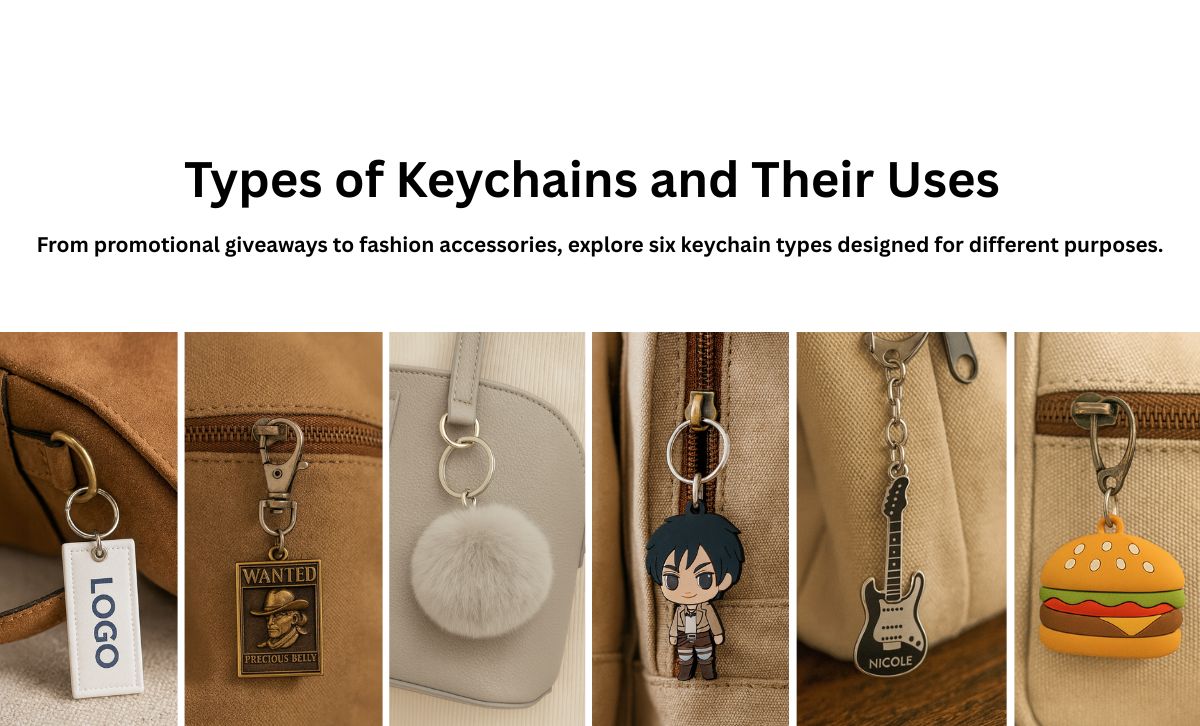 Custom keychains with logos including leather keychains, fabric keychains, acrylic keychains, and metal keychains for wholesale and OEM branding.