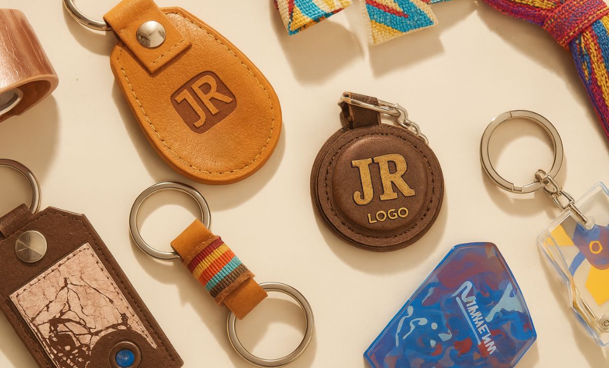 Different types of keychains by material and design including metal keychains, leather keychains, acrylic keychains, PVC keychains, fabric keychains, and wooden keychains.