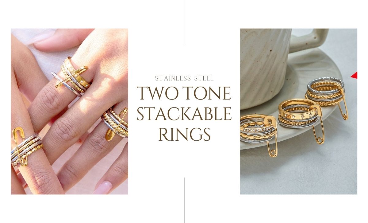 Two tone stackable rings wholesale set of 5, non tarnish adjustable stainless steel rings with gold and silver finish.