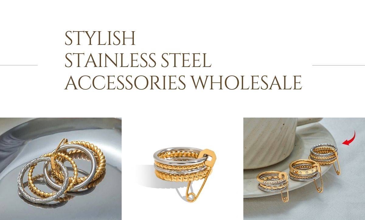 Wholesale two tone stackable rings with safety pin charm, adjustable stainless steel jewelry set for boutiques and TikTok sellers.