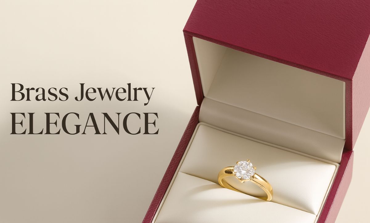 Brass engagement ring with cubic zirconia round cut displayed in a red jewelry gift box