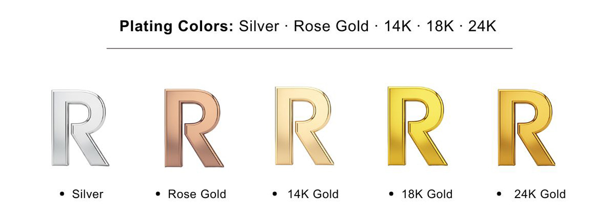 Plating colors for brass jewelry including silver, rose gold, 14K gold, 18K gold, and 24K gold finishes