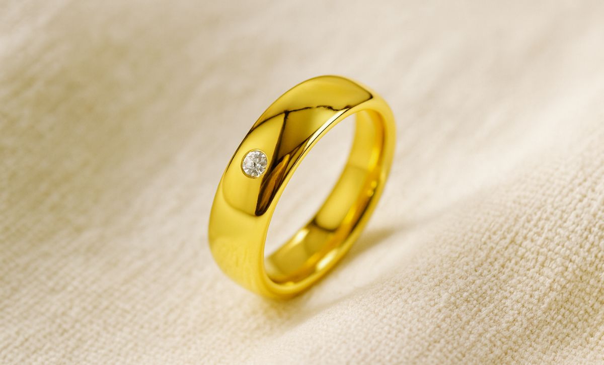 Affordable mens brass wedding band with cubic zirconia stone, non tarnish gold plated finish