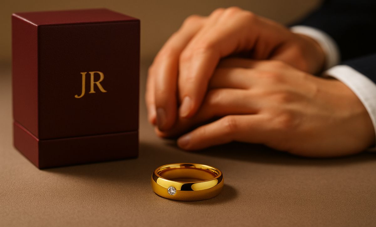 Mens brass wedding band in gold tone with cubic zirconia, displayed with luxury jewelry box