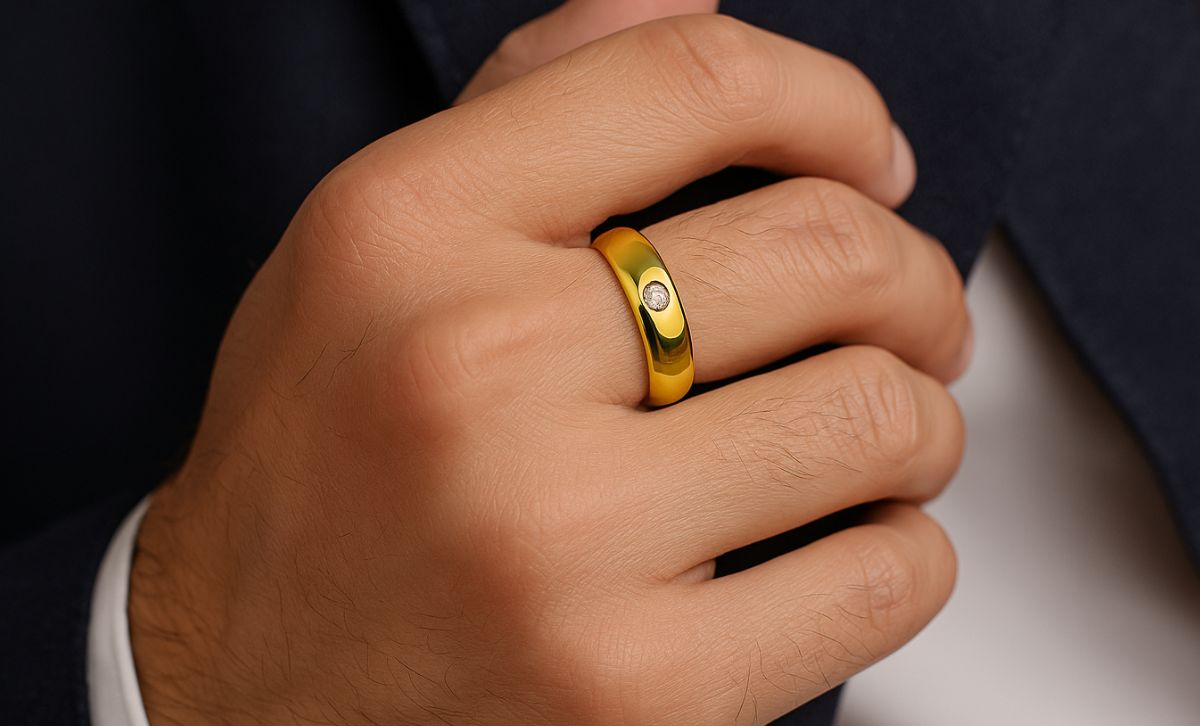 Hypoallergenic mens brass wedding band with cubic zirconia, classic gold ring for men