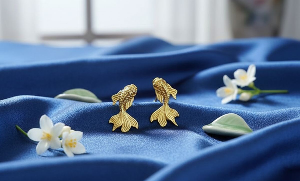 Pair of gold koi fish earrings displayed on blue fabric with flowers, elegant brass jewelry wholesale design for boutiques and festive collections.